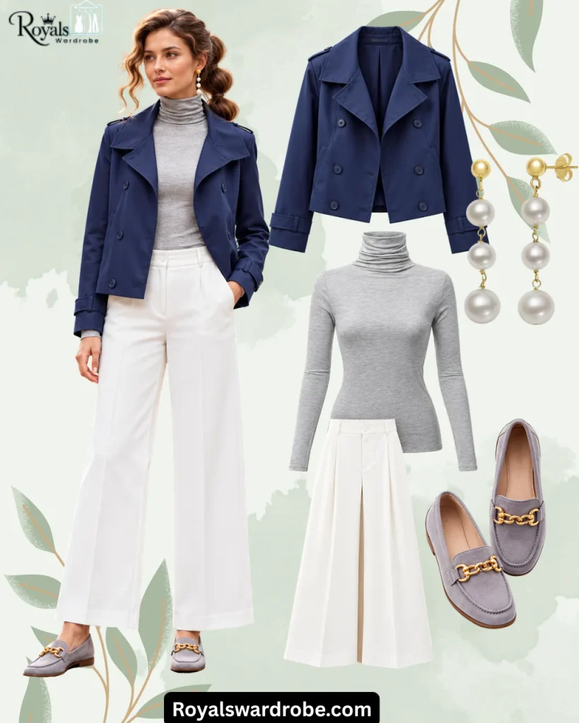 Fall outfit featuring a navy cropped trench jacket, gray turtleneck, white wide-leg trousers, gray suede loafers with gold hardware, and pearl drop earrings, styled with a standing model in an autumn city setting.