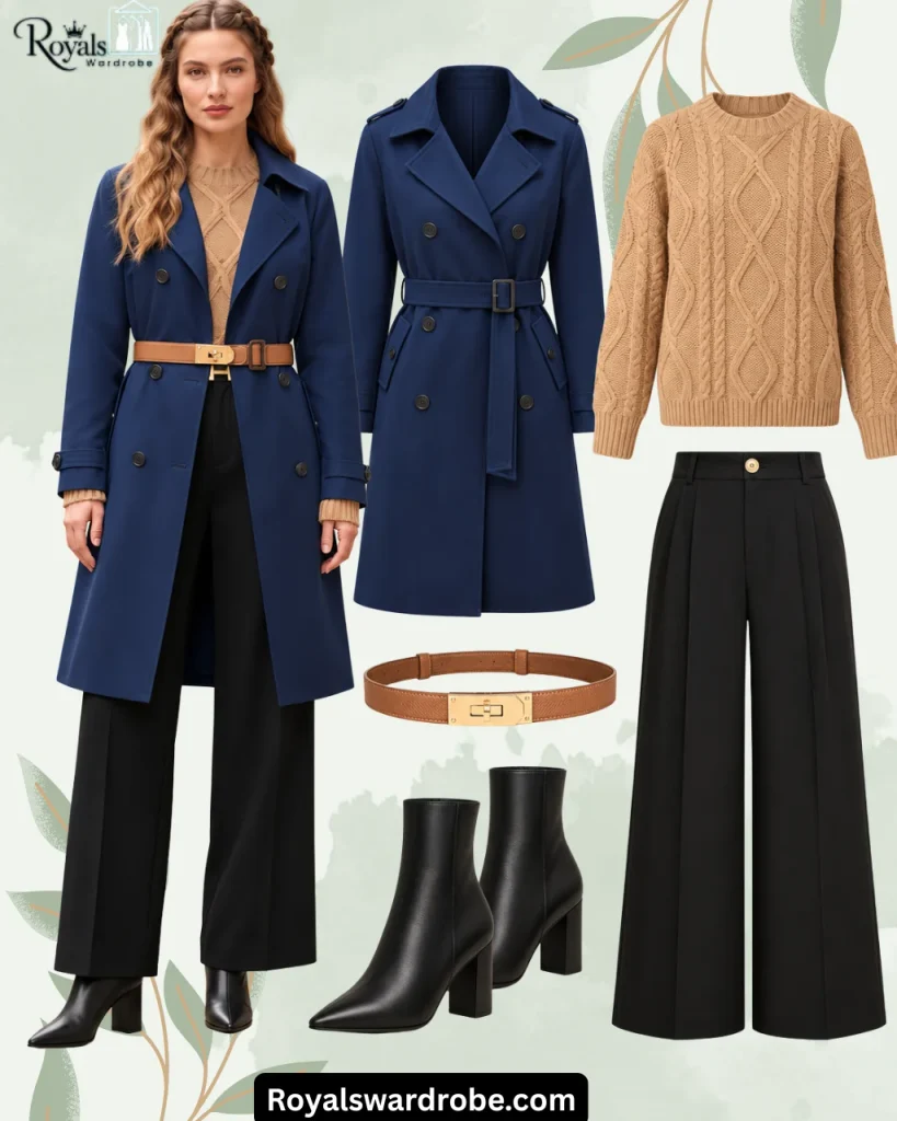 Woman wearing a navy trench coat, camel cable-knit sweater, black wide-leg trousers, and black ankle boots, with matching outfit pieces arranged in an elegant beige fashion collage.