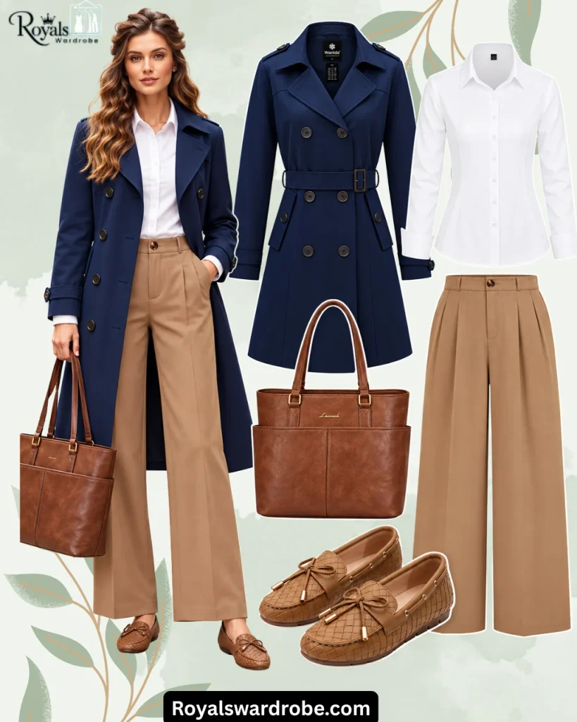Navy trench coat fall outfit with a white button-down shirt, camel wide-leg trousers, brown tote bag, and woven loafers in a stylish fashion collage.
