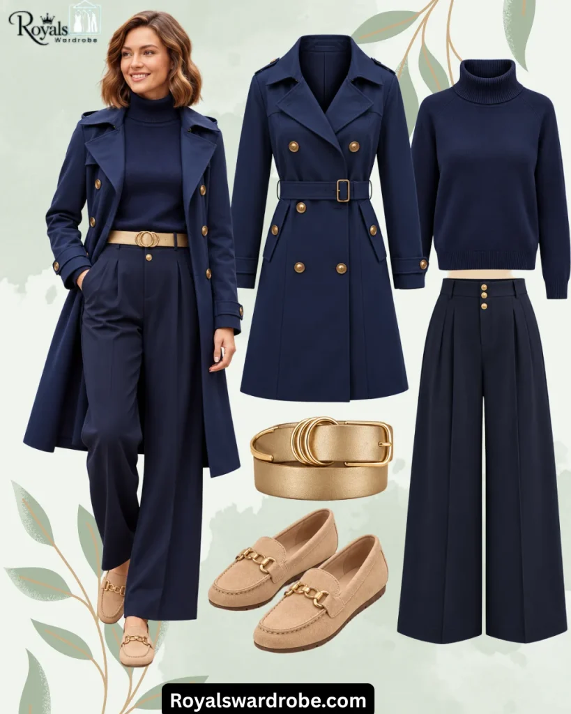 Navy trench coat outfit with a matching turtleneck and wide-leg trousers, styled with a gold belt and beige loafers on a standing model, alongside coordinated fashion pieces on a warm beige background.