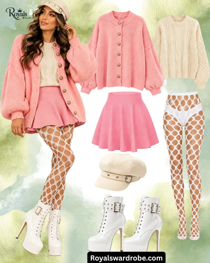 Pink cardigan outfit with an ivory cable-knit sweater, pink mini skirt, white patterned leggings, white platform boots, and a cream baker boy hat.