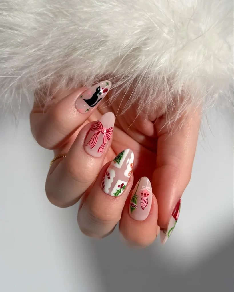 Pink Christmas gift-box nails featuring delicate ribbon lines, miniature bows, and subtle red and green festive accents.