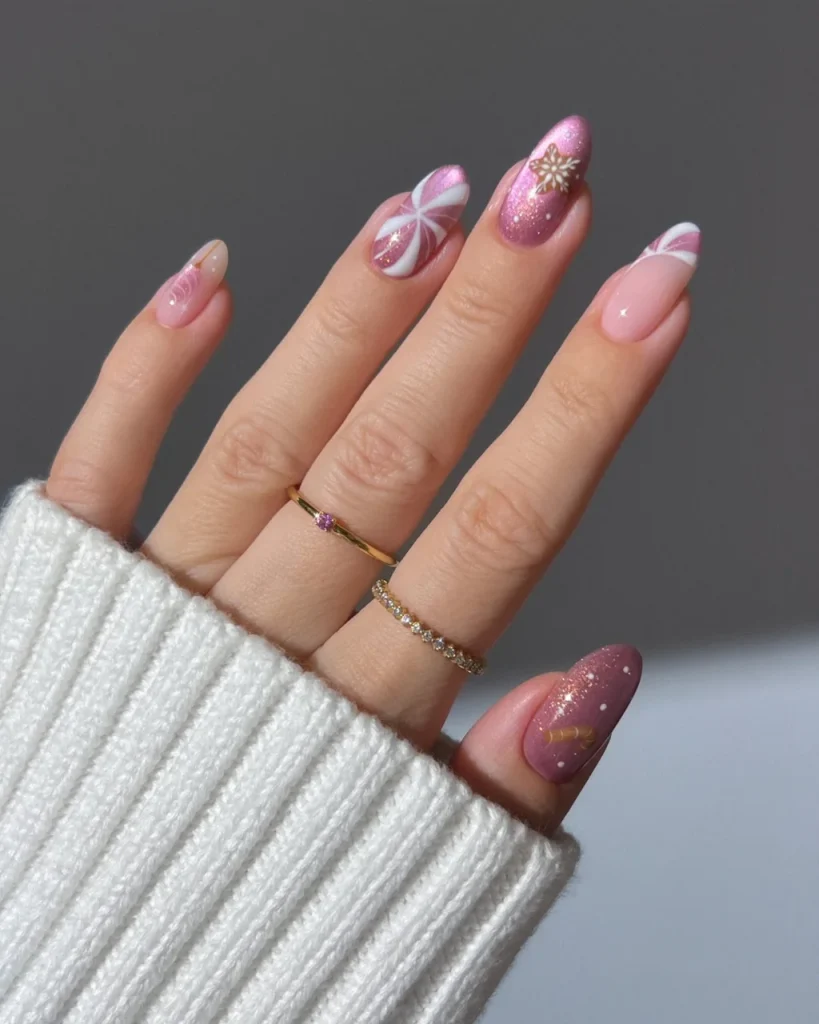 Pink glass peppermint Christmas nails featuring a translucent pink base, glossy white and soft-red candy swirls, and a glass-like finish.