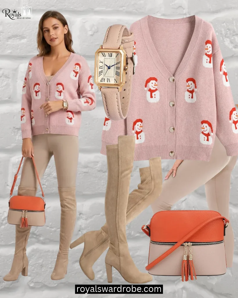 Pink oversized cardigan with beige leggings, beige suede boots, watch, and two-tone handbag
