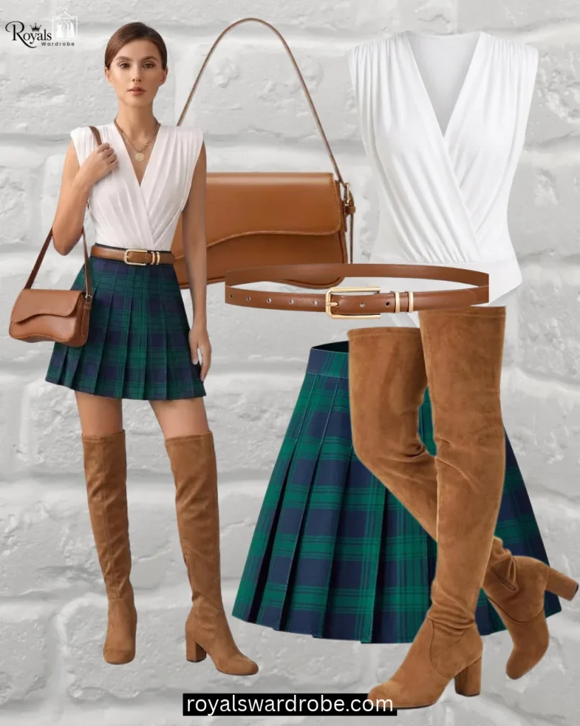 Pleated plaid skirt with a white blouse, tan over-the-knee boots, brown belt, and shoulder bag
