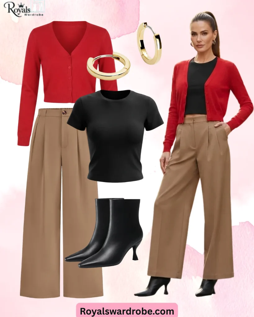 Red cardigan with black top, camel wide-leg pants and black ankle boots outfit on a woman