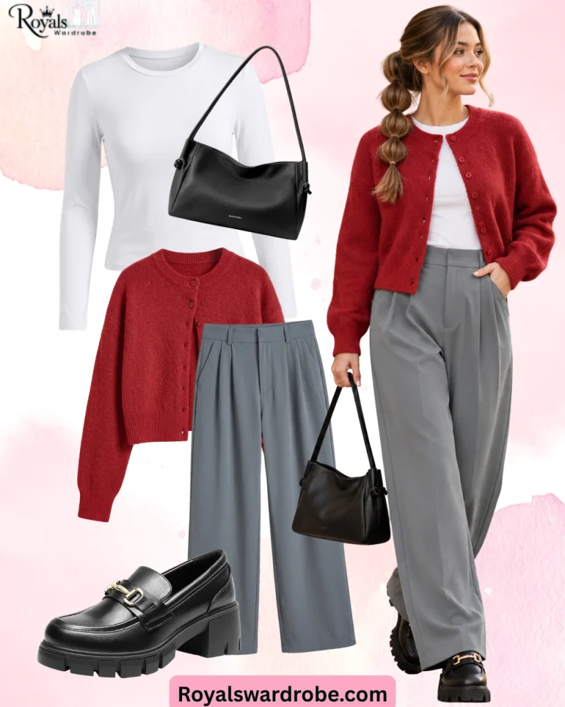 Red cardigan winter outfit with white long sleeve top, gray wide-leg pants, black loafers and black shoulder bag