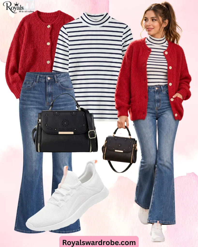 Red cardigan with a striped turtleneck, blue flared jeans, white sneakers, and black handbag fall outfit for women.