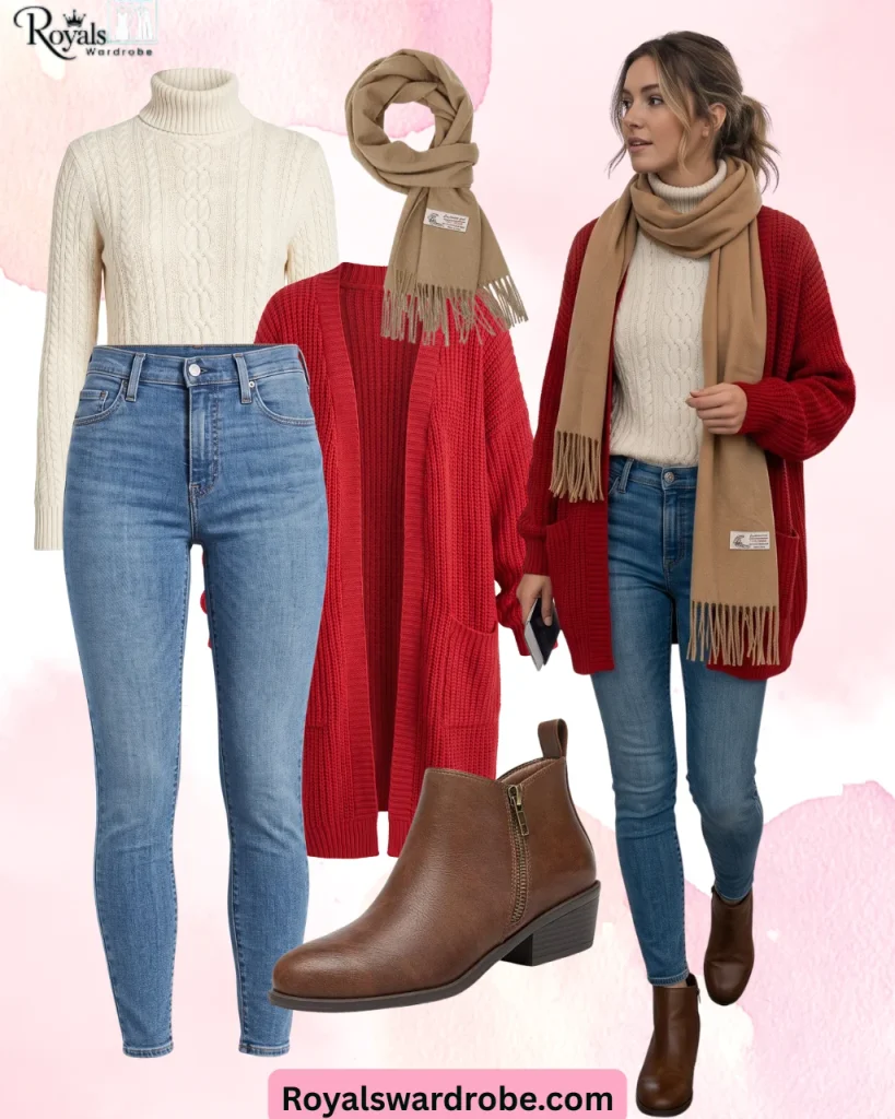 Red cardigan winter outfit with cream turtleneck, blue jeans, beige scarf and brown ankle boots