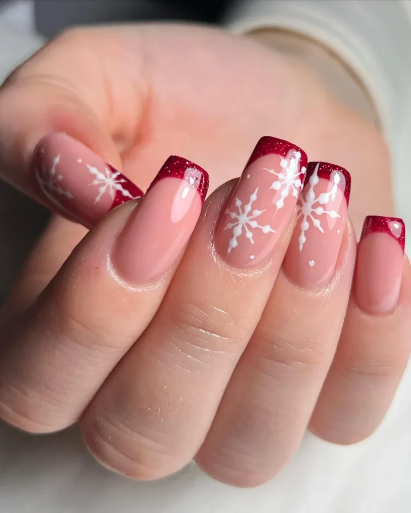 Red French tip Christmas nail designs featuring glittery burgundy tips, a glossy nude pink base, and delicate white snowflake patterns on square-shaped nails.