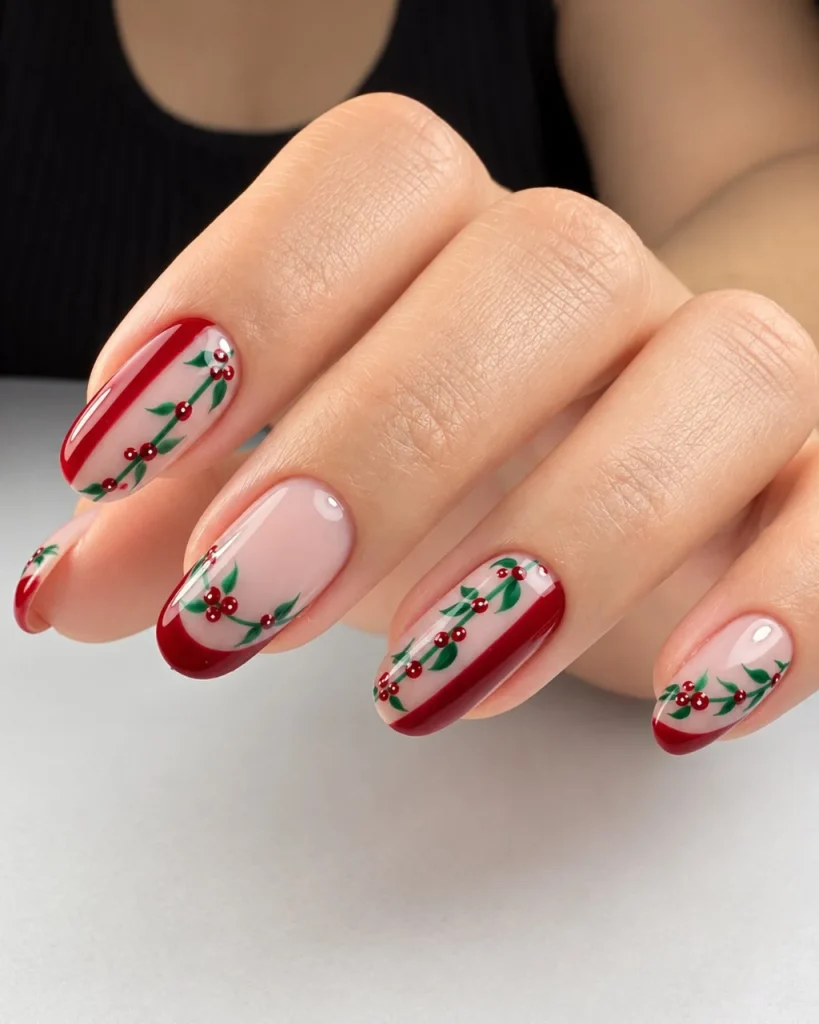 Red French Tips With Holly Berries featuring nude-pink nails, deep red tips, green holly leaves, and tiny red berries.