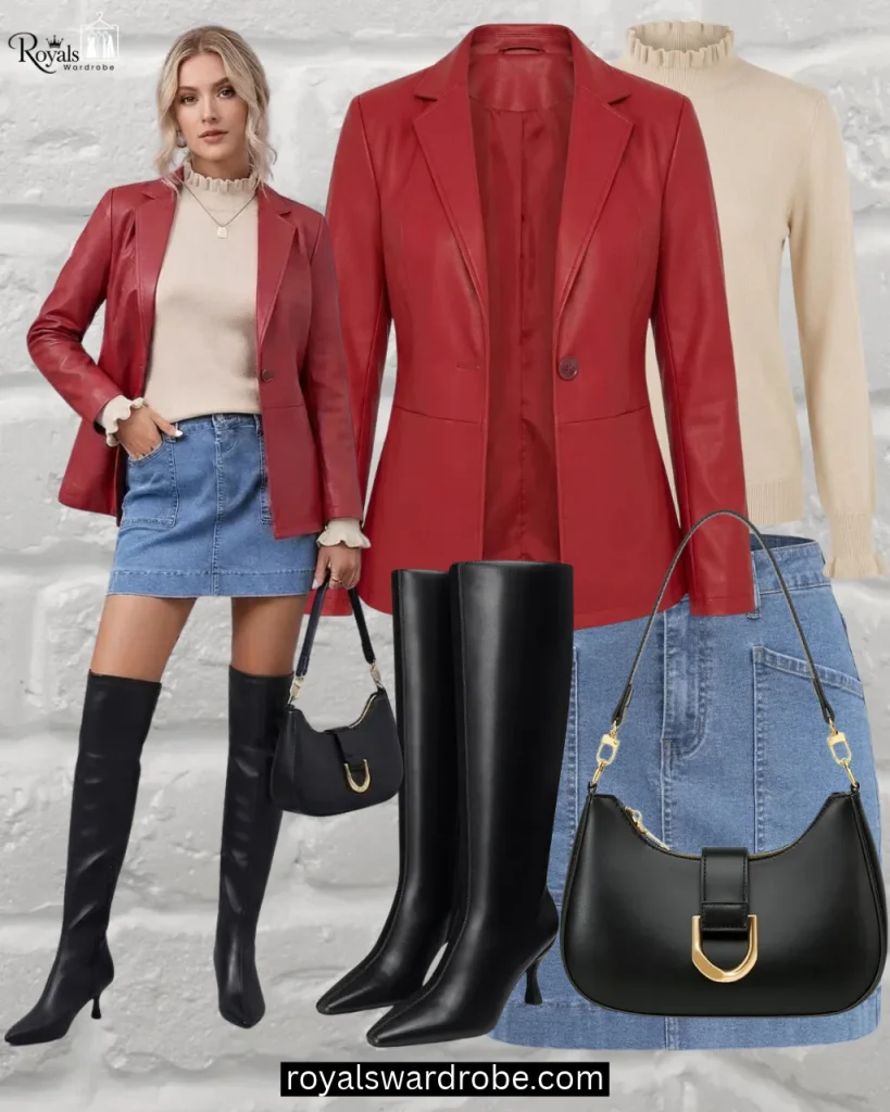 Red leather jacket with cream sweater, denim skirt, black over-the-knee boots, and black handbag