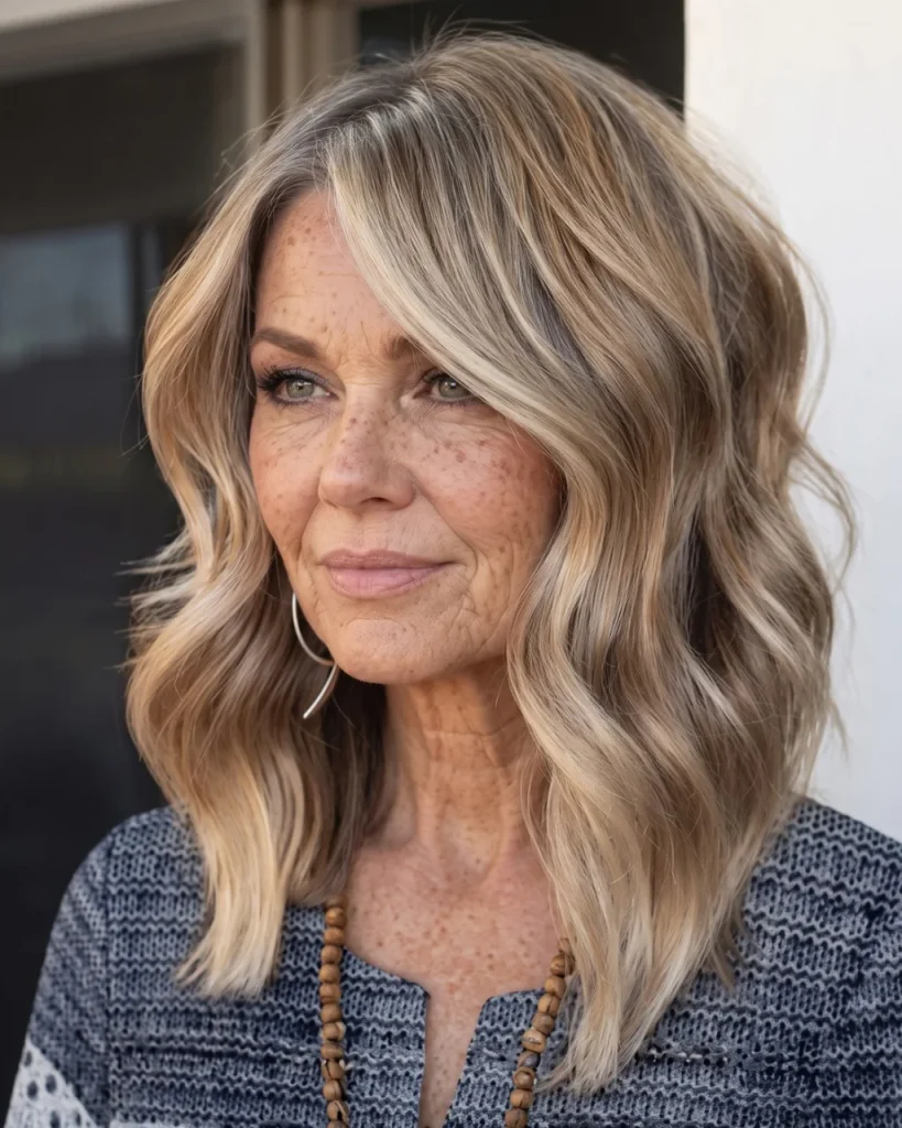 Rooted honey brown balayage for visible gray hair with blended brown roots, honey-blonde highlights, silver strands, and soft waves.