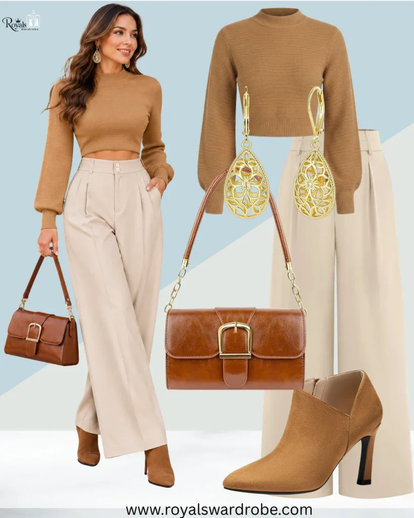 Short brown boots outfit with beige wide-leg trousers, camel sweater, brown belt, and leather handbag