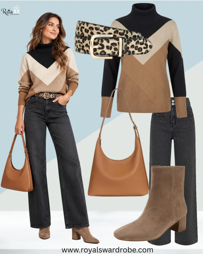 Short brown boots outfit with black wide-leg jeans, neutral sweater, leopard-print belt, and brown handbag