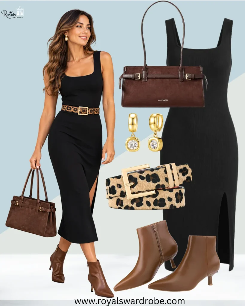 Short brown boots outfit with black midi dress, leopard-print belt, brown handbag, and gold earrings
