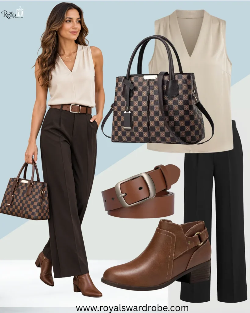 Short brown boots outfit with black tailored trousers, ivory blouse, brown belt, and structured handbag