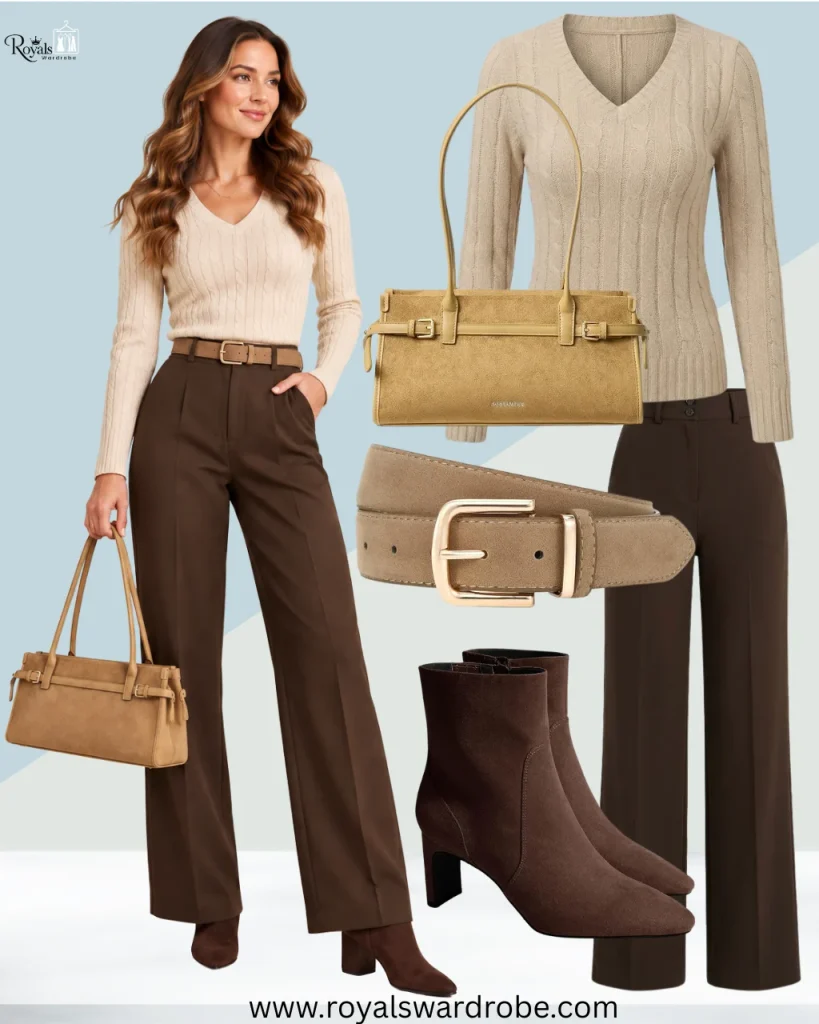 Short brown boots outfit with brown trousers, cream knit sweater, tan belt, and camel handbag