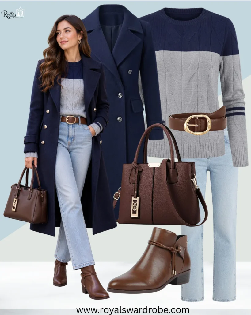 Short brown boots with a long wool coat and straight-leg jeans