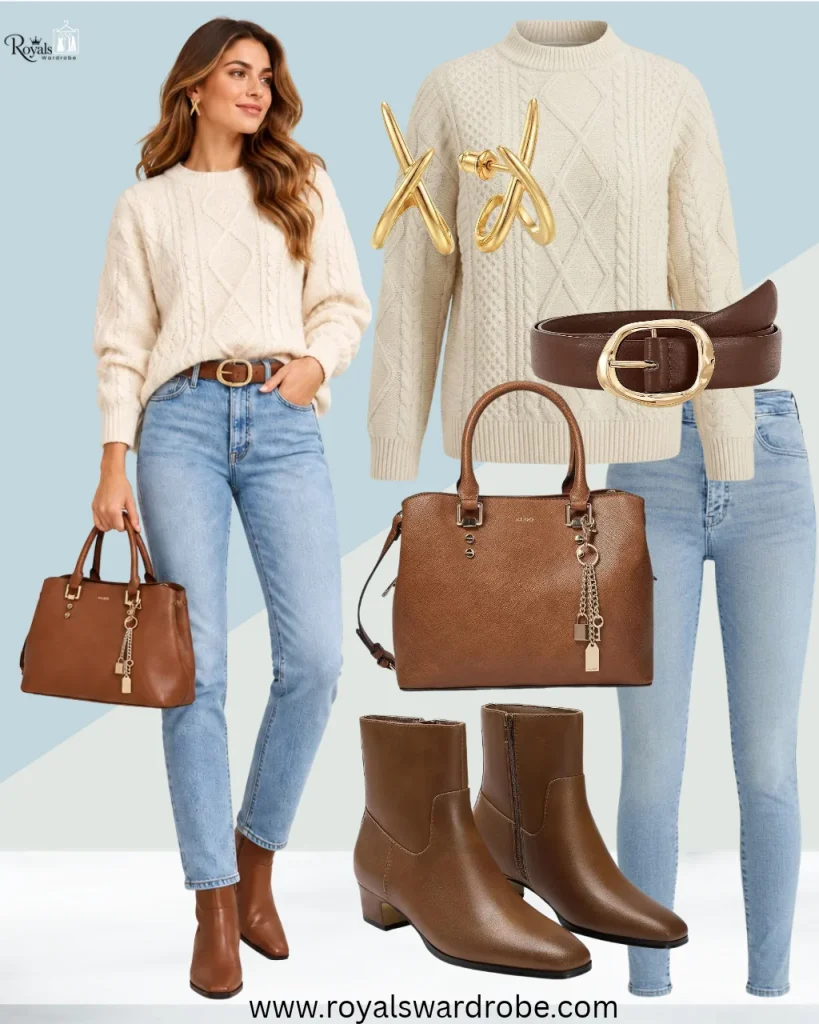 Short brown boots outfit with cream sweater, light-wash jeans, brown handbag, and belt