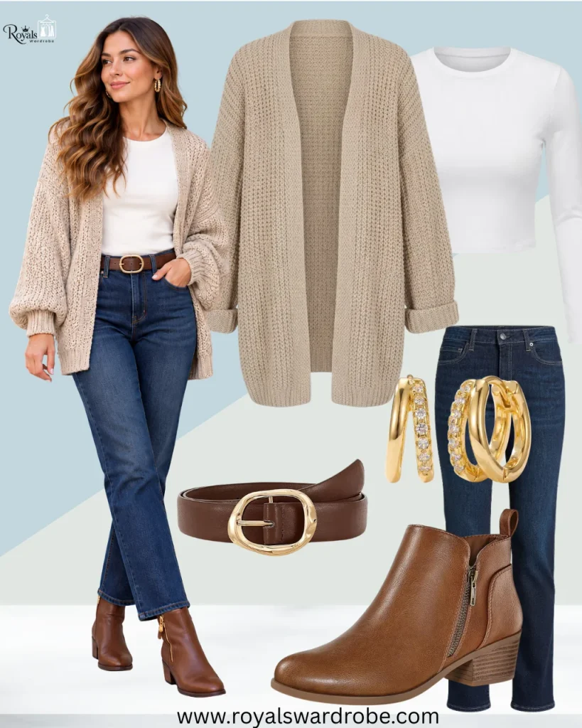 Short brown boots with an oversized cardigan and jeans for a cozy fall outfit