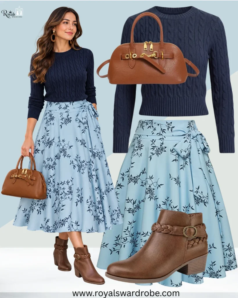 Short brown boots outfit with pleated midi skirt, navy sweater, brown ankle boots, and structured handbag