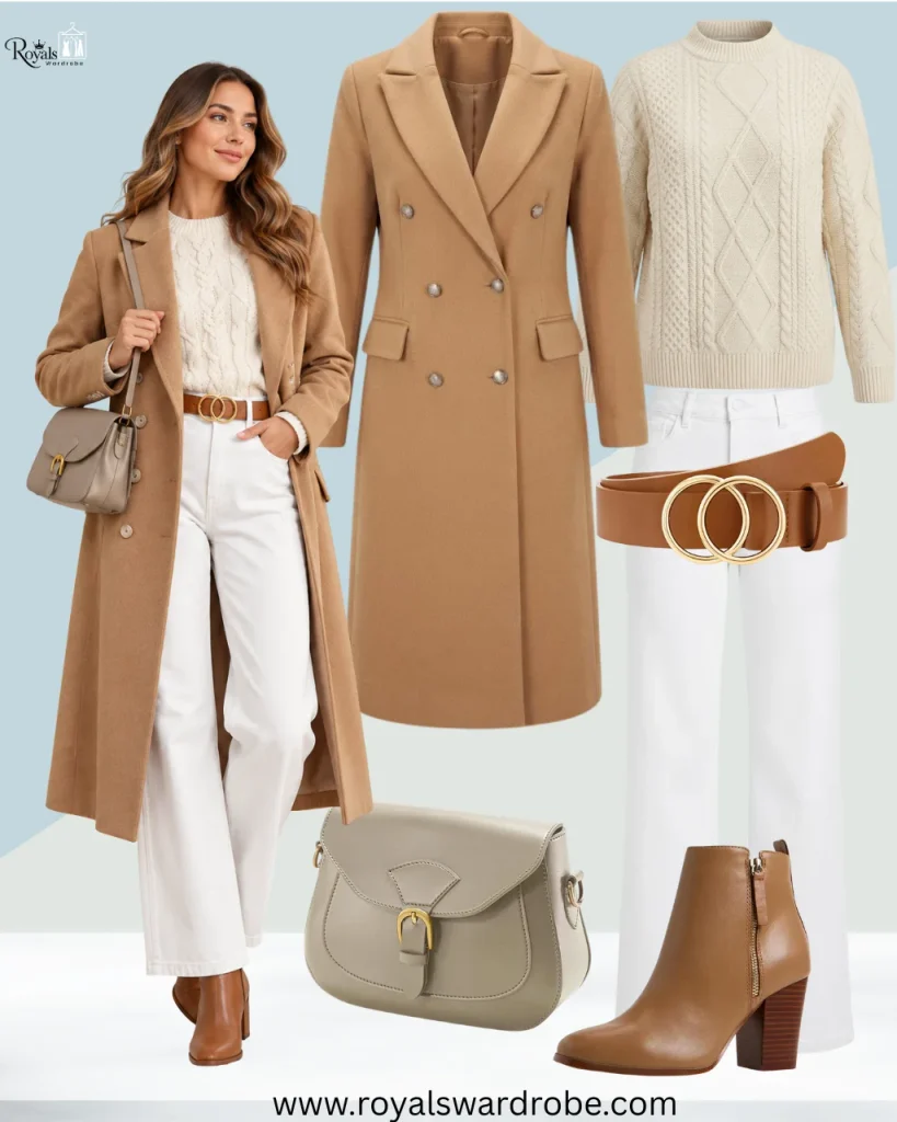 Short brown boots outfit with white wide-leg jeans, cream sweater, camel coat, brown belt, and taupe handbag
