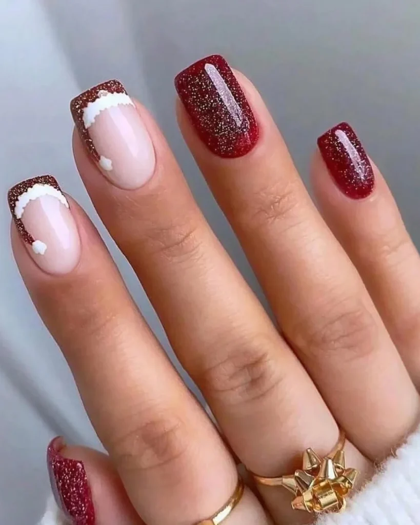 Short Christmas press on nail designs featuring burgundy glitter polish, sheer pink bases, frosty white French tips, and festive sparkle.