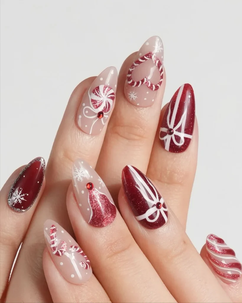 Short Christmas press on nail designs featuring burgundy glitter, candy cane hearts, white gift bows, snowflakes, and sparkling red accents on nude nails.