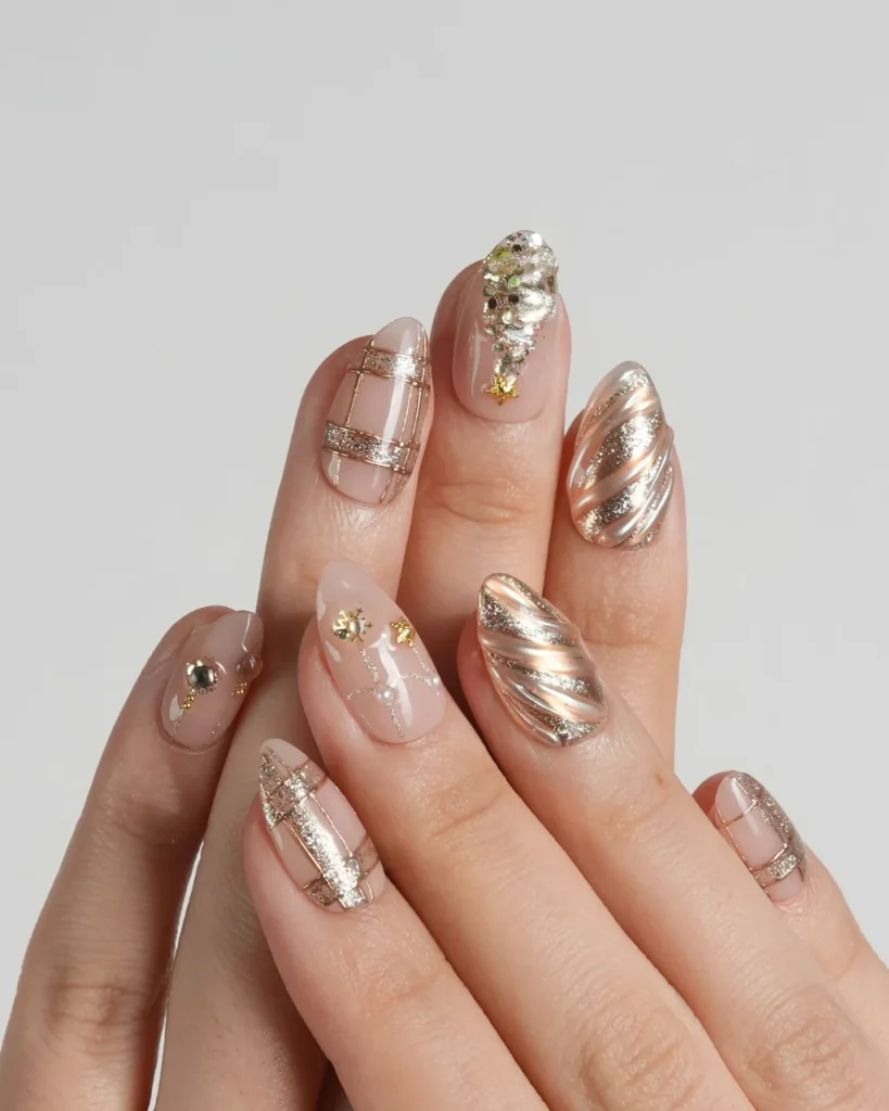Short Christmas press on nail designs featuring blush pink bases, champagne gold chrome swirls, glitter stripes, delicate gold lines, and festive rhinestone accents.
