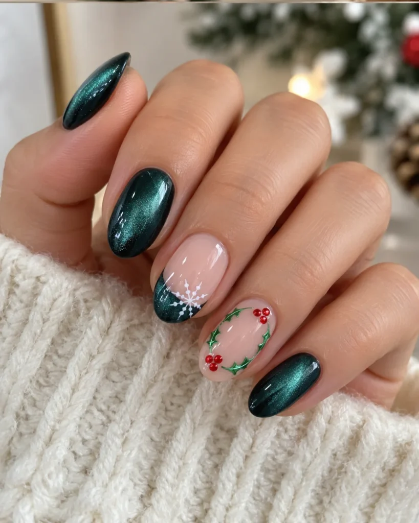 Short Christmas press on nail designs featuring emerald green cat-eye polish, a white snowflake French tip, and red holly berries on nude nails.
