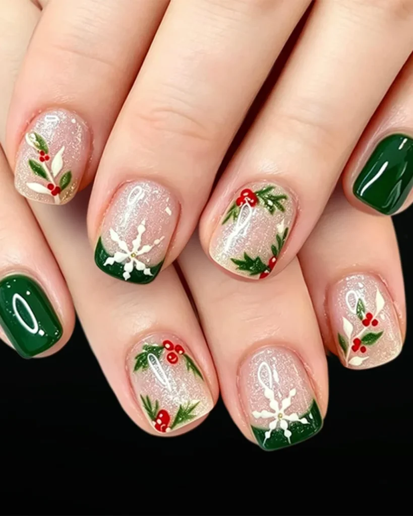 Short Christmas press on nail designs featuring deep emerald green nails, shimmery nude polish, white snowflake accents, and festive holly leaves with red berries.