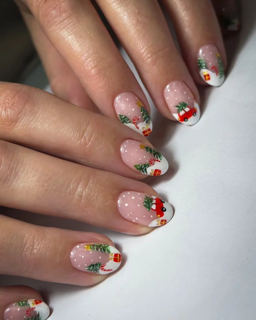 Short Christmas press on nail designs featuring blush pink nails, white French tips, tiny Christmas trees, red holiday trucks, candy canes, and wrapped gifts.