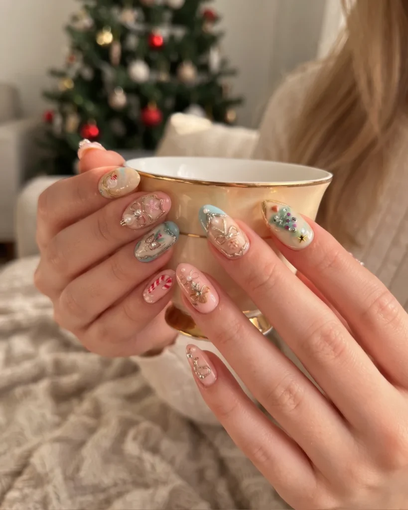 Short Christmas press on nail designs featuring pink and teal nails, gold bows, pearl accents, and festive candy cane details.