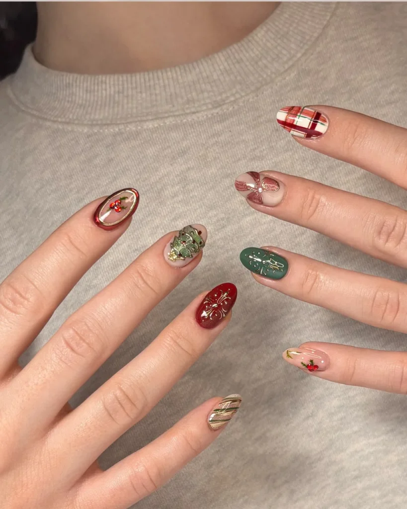 Short Christmas press on nail designs with red and green plaid, holly berries, Christmas trees, and gold accents.