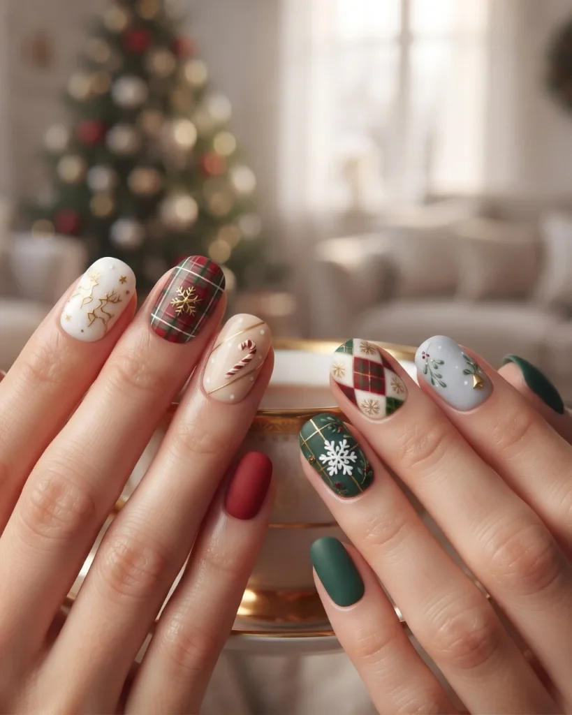 Short Christmas press on nail designs with red plaid, green snowflakes, gold reindeer, and candy cane accents.