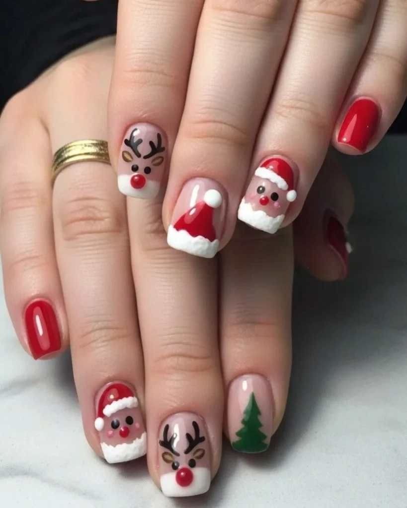 Short Christmas press-on nail designs featuring Santa faces, reindeer, a green Christmas tree, and glossy red nails.