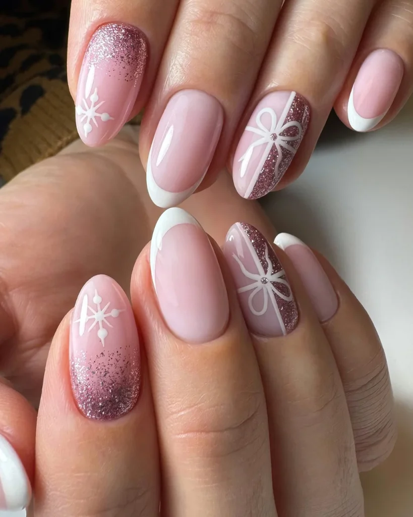 Short french tip christmas nail designs featuring white French tips, blush pink almond nails, white snowflake art, glitter gradients, and festive gift-bow details, perfect for white french tip christmas nail designs inspiration.