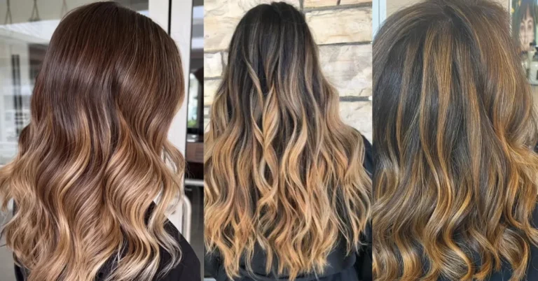 Warm honey brown balayage hair ideas featuring chocolate brown roots, golden honey highlights, caramel ribbons, and soft wavy hairstyles.