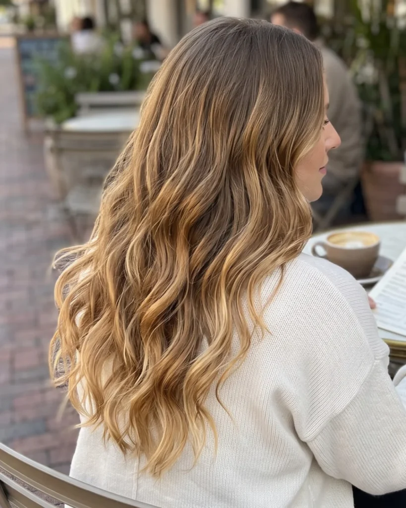Warm honey balayage with golden honey highlights, caramel tones, brighter ends, and long, loose beach waves for a sun-kissed look