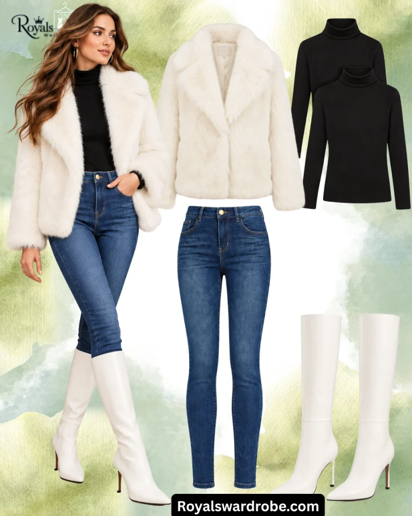 Winter outfit with white knee-high boots, black turtleneck, coat, blue jeans, and gold hoop earrings