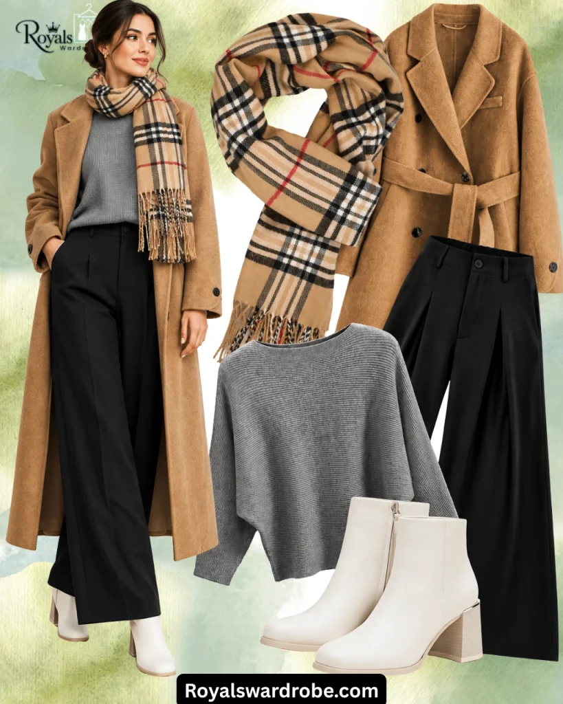 White leather ankle boots outfit with black wide-leg trousers, gray sweater, camel coat, and beige plaid scarf.
