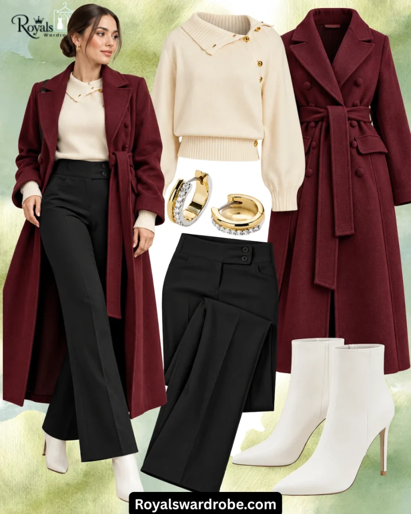 White leather boots outfit with a burgundy wool coat, ivory sweater, black tailored trousers, and gold hoop earrings.