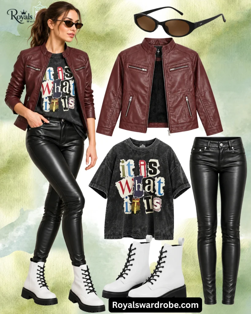 White leather boots outfit with a burgundy leather jacket, charcoal graphic T-shirt, black leather pants, and black sunglasses.