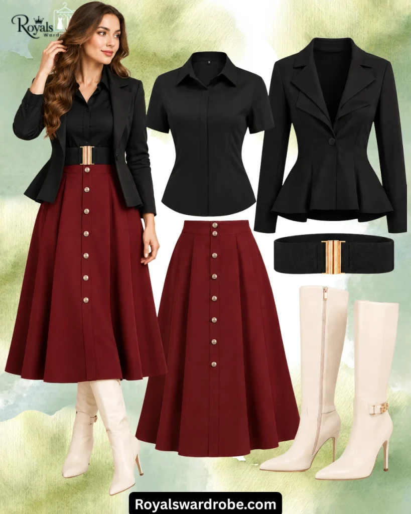 White leather boots outfit with a burgundy button-front midi skirt, black peplum blazer, black blouse, and gold-buckle belt.