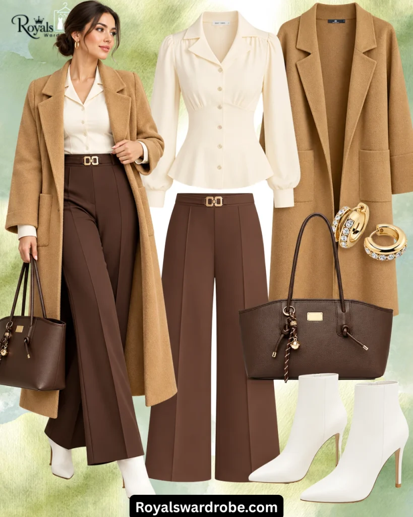 White leather boots outfit with a camel coat, cream blouse, chocolate brown wide-leg trousers, and dark brown tote bag