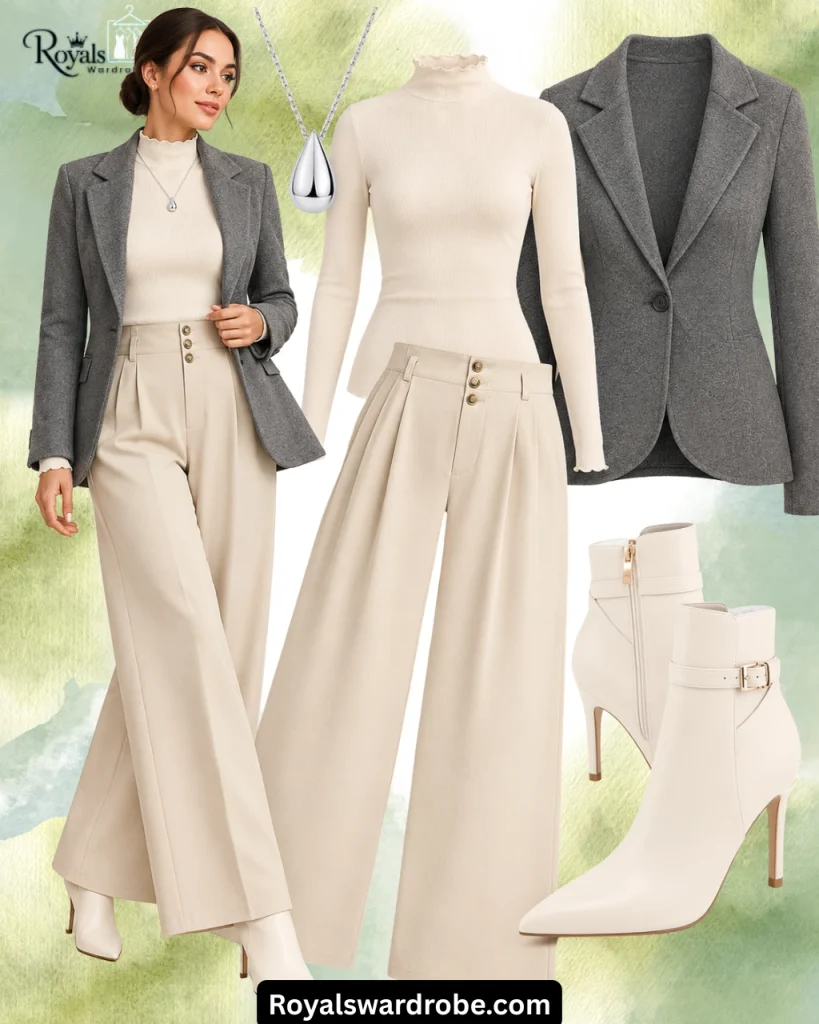 White leather boots outfit with a charcoal gray blazer, ivory ribbed turtleneck, cream wide-leg trousers, and a silver pendant necklace.