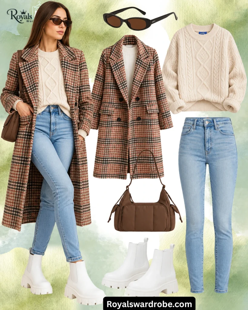 White leather boots outfit with a brown plaid coat, ivory cable-knit sweater, light blue skinny jeans, brown shoulder bag, and dark sunglasses.