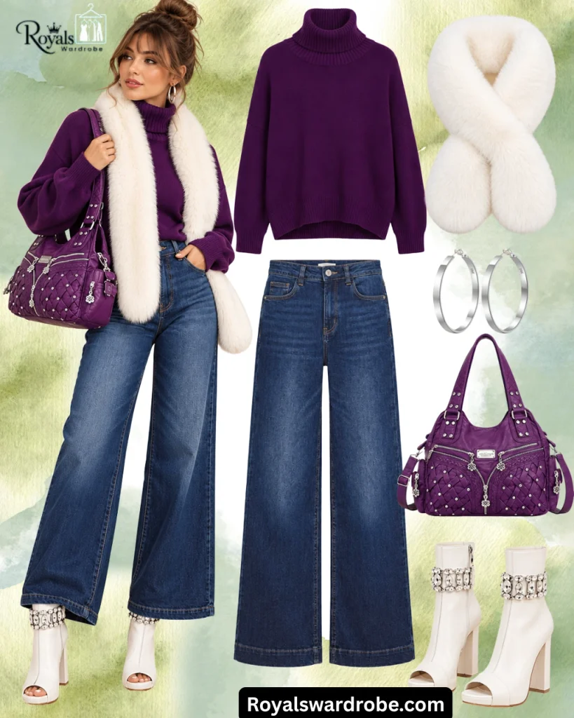 White leather boots outfit with a purple sweater, blue wide-leg jeans, a white scarf, purple handbag, and silver hoop earrings.