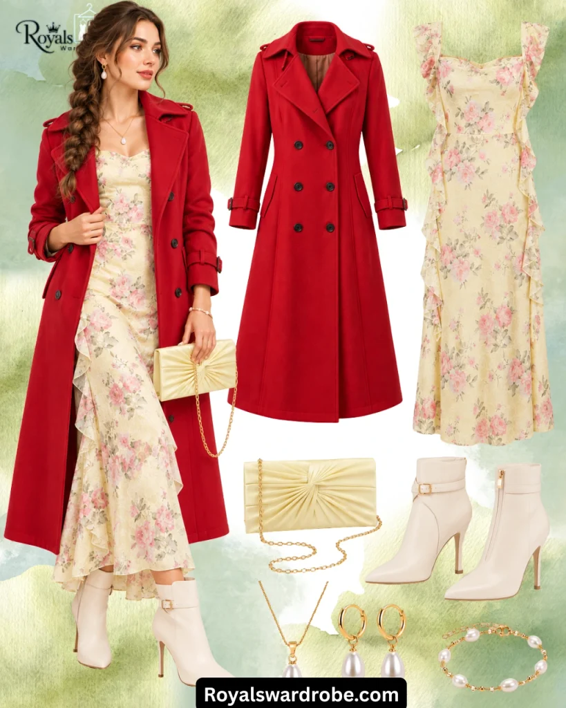White leather boots outfit with a long red coat, pale yellow floral ruffle dress, pearl and gold jewelry, and a pale yellow satin clutch bag.
